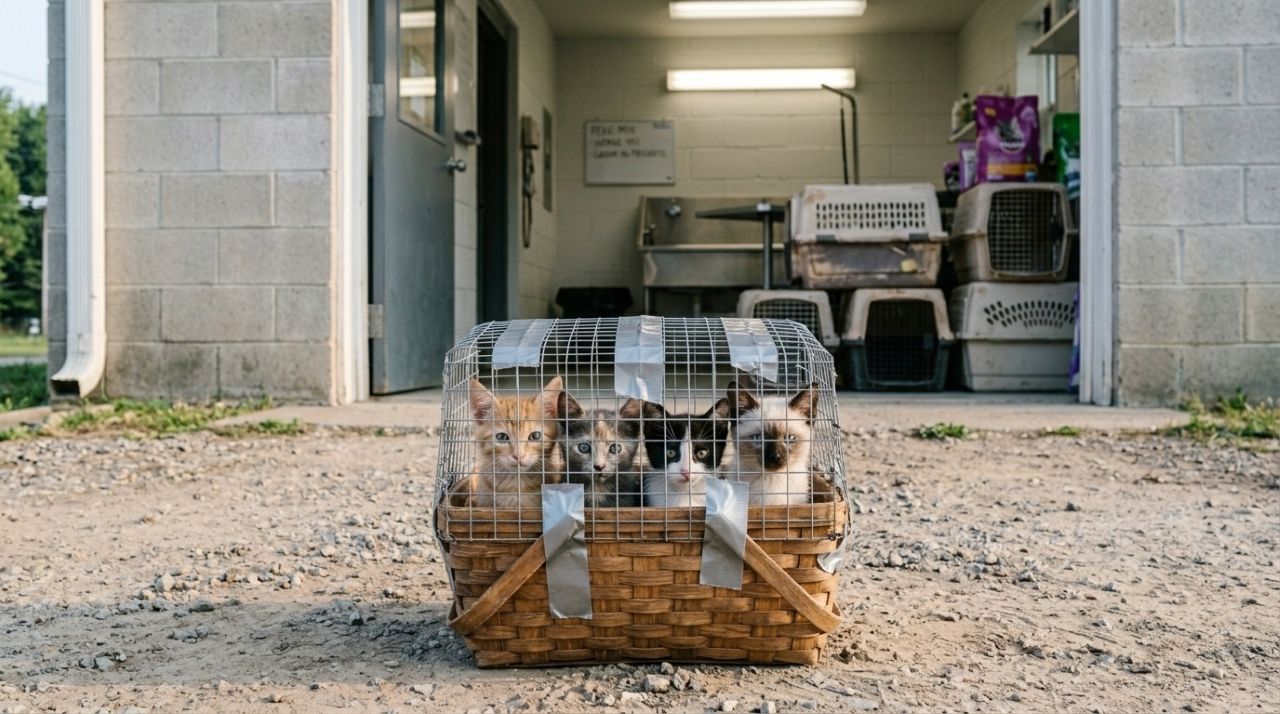 Quatro gatinhos dentro de uma pequena cesta de mercado deixada sobre uma estrada de terra diante de um abrigo de animais