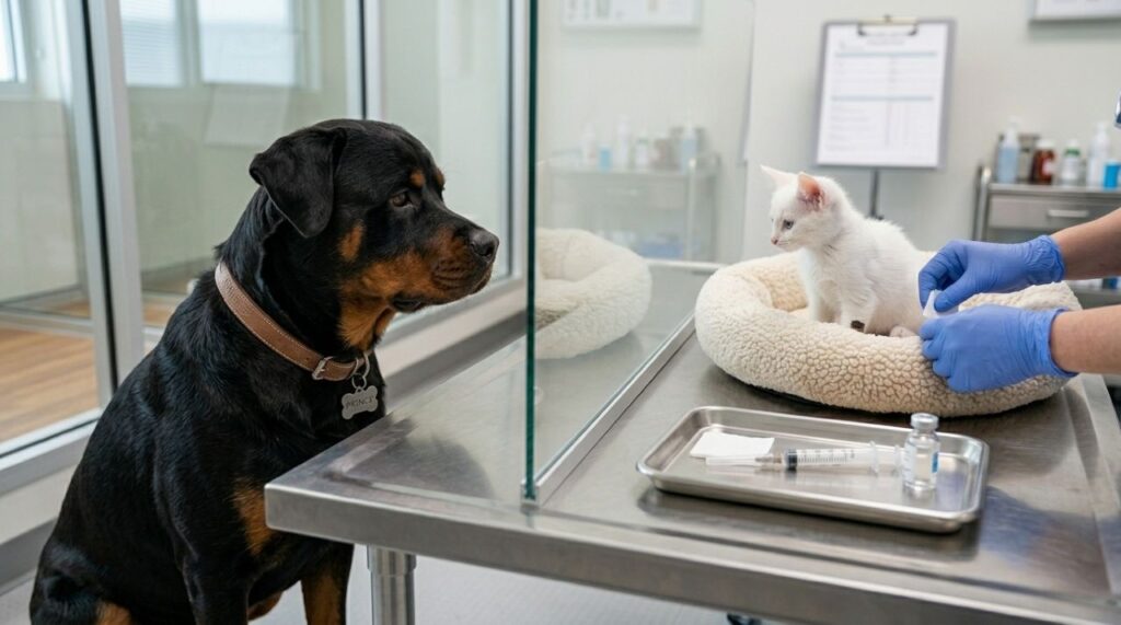 Rottweiler tranquilo sobre mesa de atendimento veterinário observando um gato separado por uma divisória de vidro durante o preparo para uma injeção