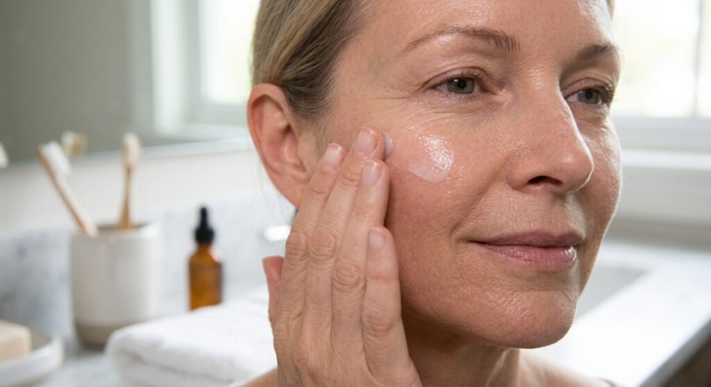 Mulher acima dos 50 anos aplicando pequena quantidade de gel-creme hidratante no rosto.