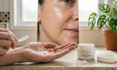Pote de hidratante facial aberto sobre bancada de banheiro, representando cuidados acessíveis para hidratar a pele madura