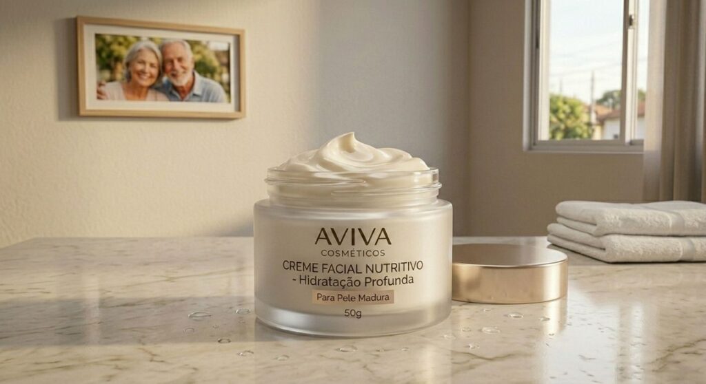 Pote aberto de hidratante facial cremoso sobre bancada de banheiro com pequenas gotas de água e iluminação natural.