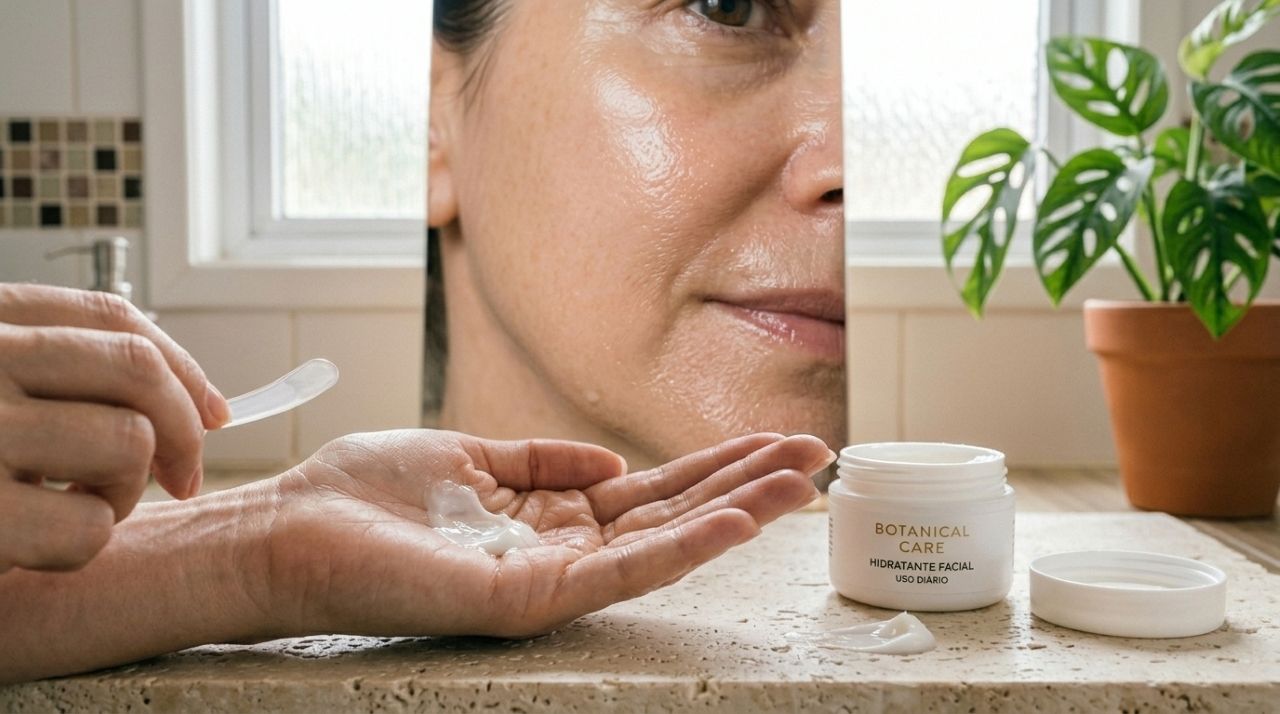 Pote de hidratante facial aberto sobre bancada de banheiro, representando cuidados acessíveis para hidratar a pele madura