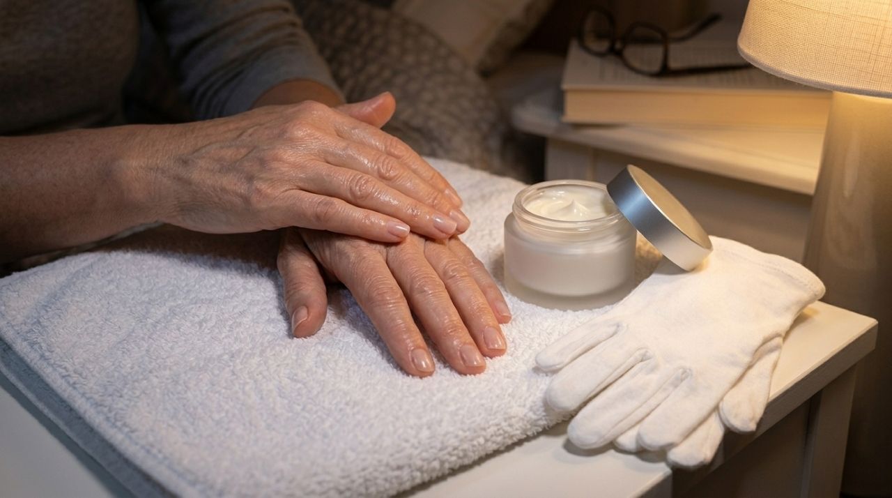 Mãos maduras hidratadas ao lado de creme espesso e luvas brancas de algodão sobre uma toalha.
