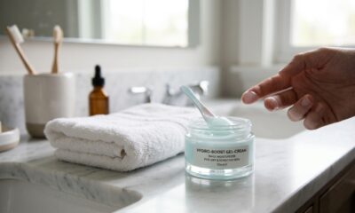 Pote de gel-creme hidratante facial sobre bancada de banheiro ao lado de uma toalha branca.