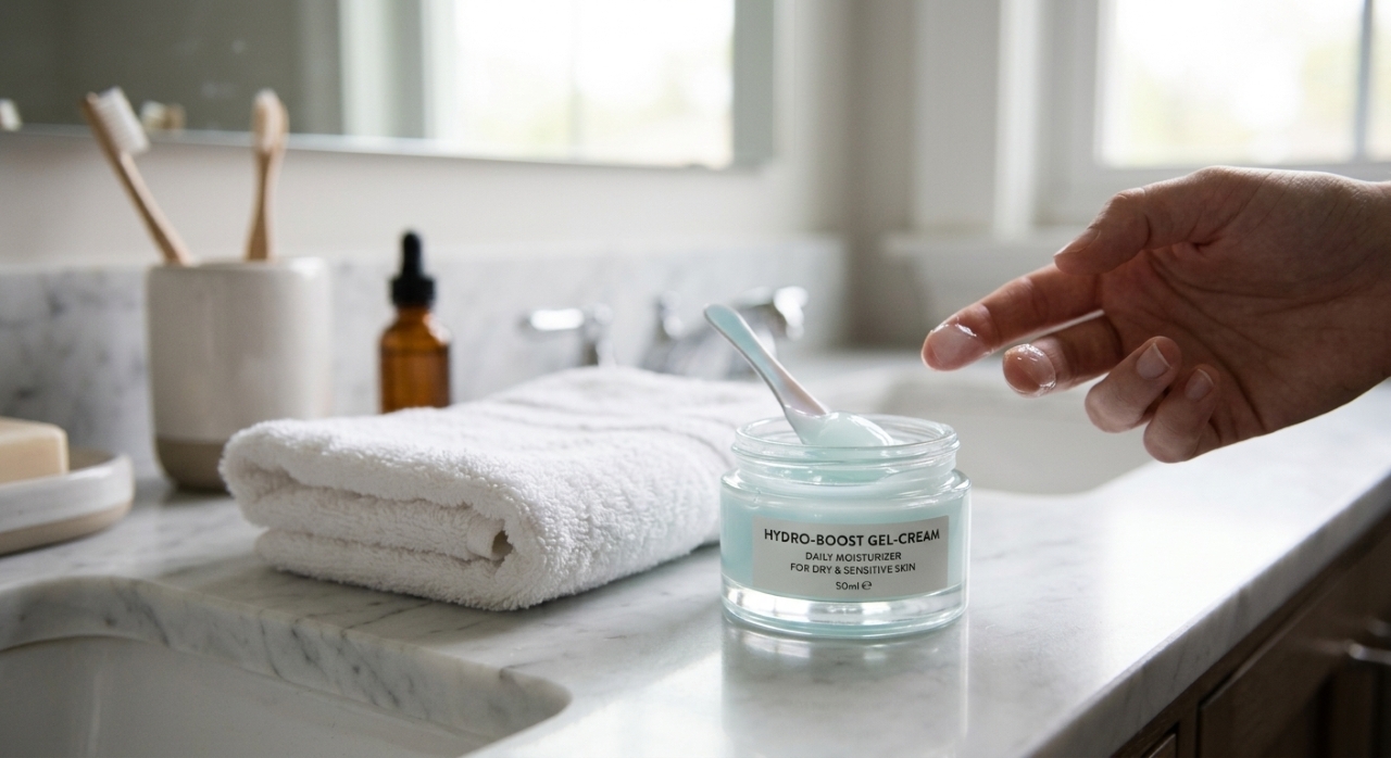 Pote de gel-creme hidratante facial sobre bancada de banheiro ao lado de uma toalha branca.