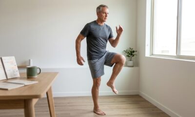 Pessoa madura realiza elevação alternada dos joelhos em uma sala de casa, mantendo o tronco ereto e os braços coordenados durante um exercício em pé para fortalecer o abdômen