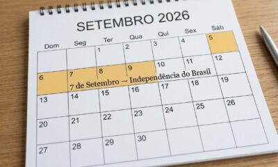 Calendário de setembro de 2026 com os dias 5, 6 e 7 destacados, mostrando o feriadão da Independência do Brasil.