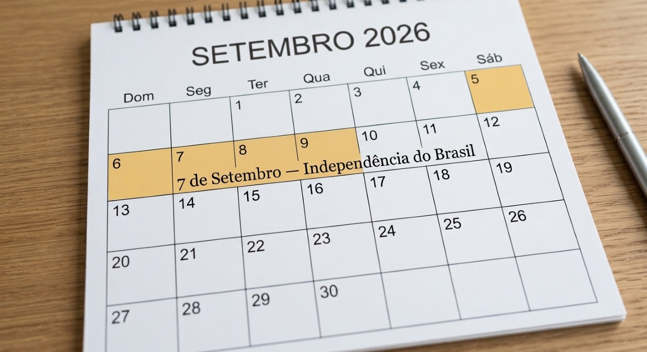 Calendário de setembro de 2026 com os dias 5, 6 e 7 destacados, mostrando o feriadão da Independência do Brasil.