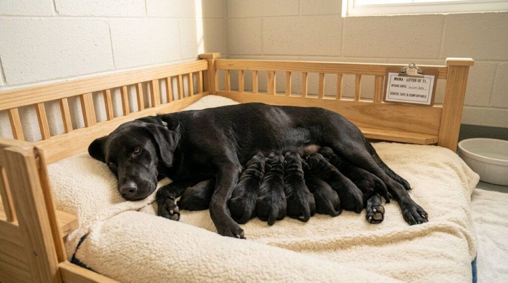 Labrador preta deitada em uma cama no abrigo enquanto amamenta 11 filhotes recém-nascidos