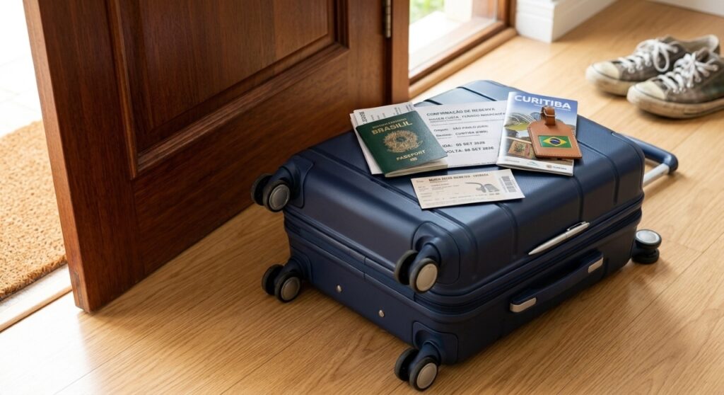 Mala de viagem pronta ao lado de documentos organizados para uma viagem durante o feriado de 7 de setembro.