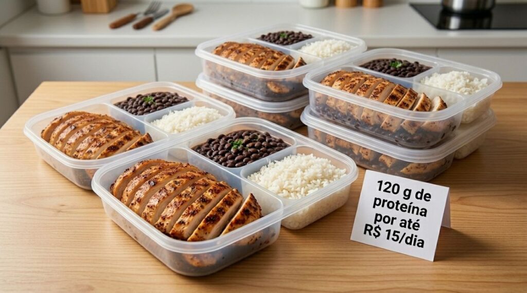 Marmitas organizadas com peito de frango grelhado, arroz e feijão para refeições proteicas ao longo da semana