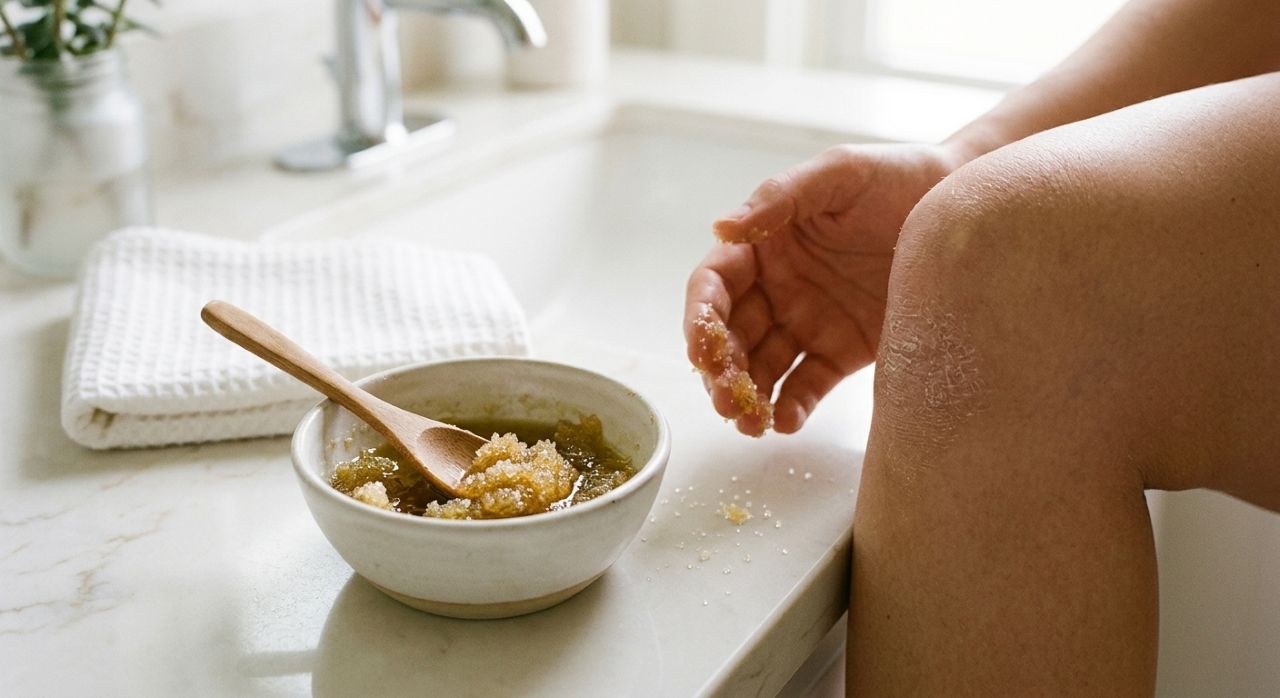 A mistura de azeite com açúcar pode ser usada com delicadeza para esfoliar os joelhos e suavizar temporariamente a textura da pele.