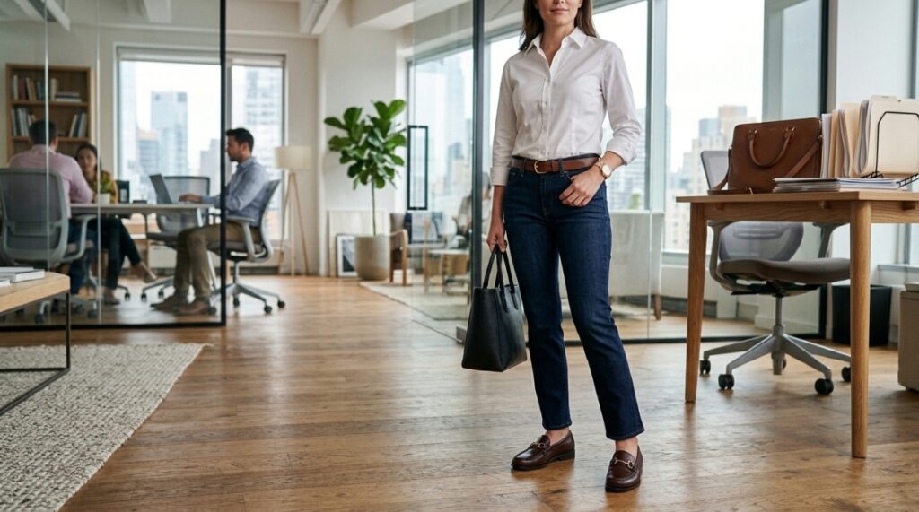 Mulher acima dos 30 usando mocassim, jeans reto e camisa social em ambiente de escritório.