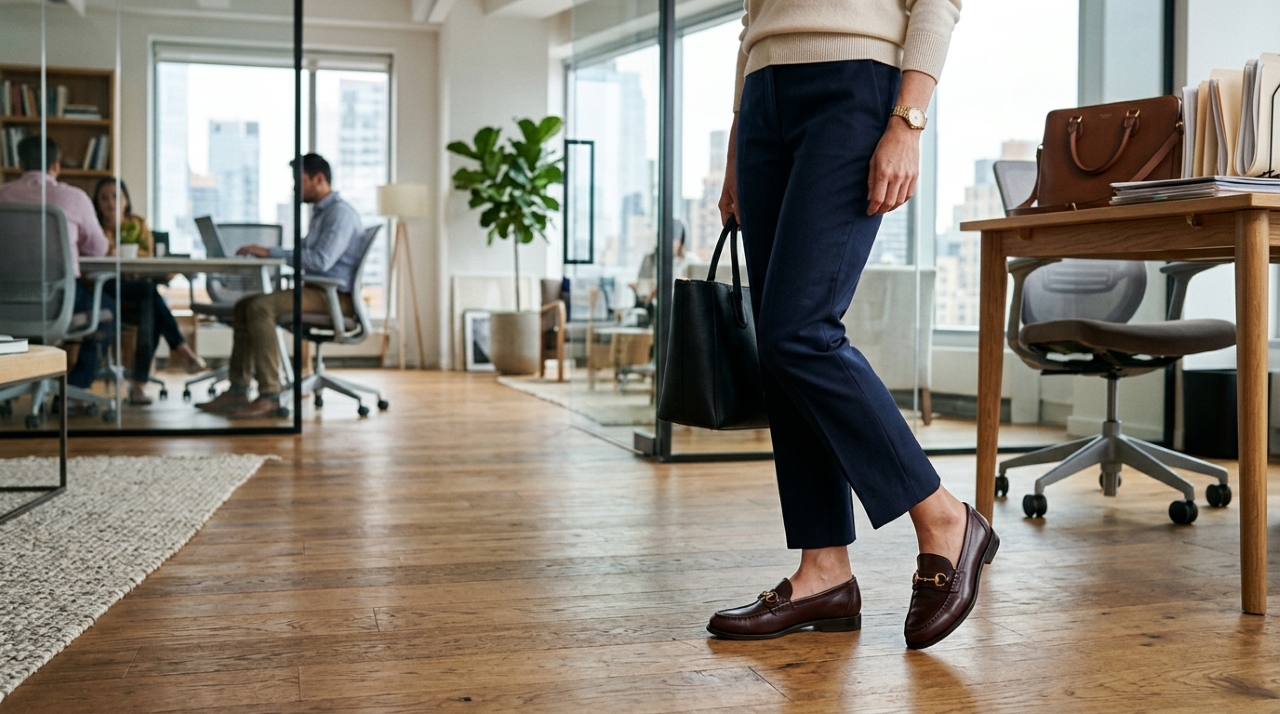 Mulher usando mocassim feminino com calça de alfaiataria em escritório moderno.