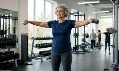 Mulher de 70 anos fazendo desenvolvimento de ombros com halteres leves em uma academia