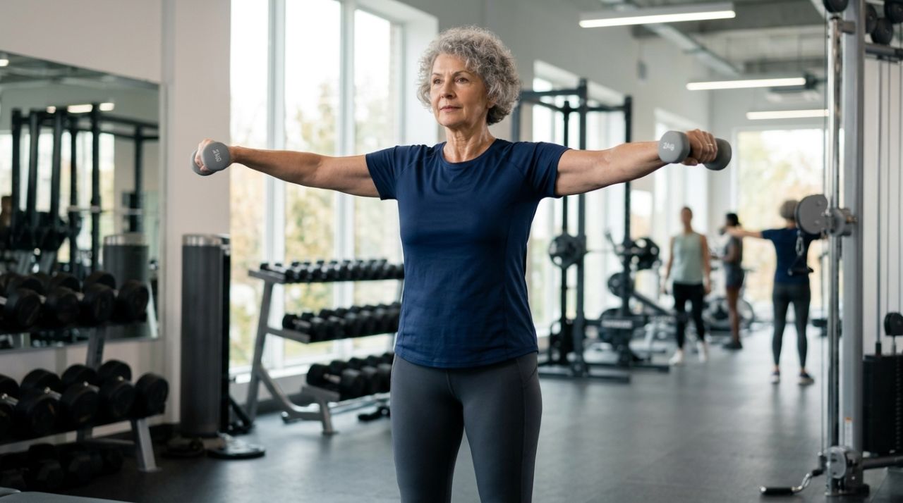 Mulher de 70 anos fazendo desenvolvimento de ombros com halteres leves em uma academia