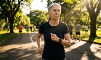 Pessoa acima dos 40 anos caminhando rapidamente em um parque ensolarado e conferindo a frequência cardíaca em um relógio esportivo