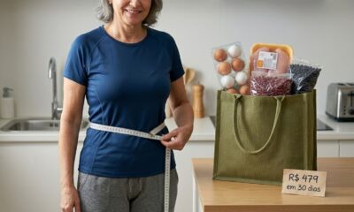 Pessoa com mais de 50 anos medindo a cintura ao lado de alimentos ricos em proteína e indicação de orçamento de R$ 479