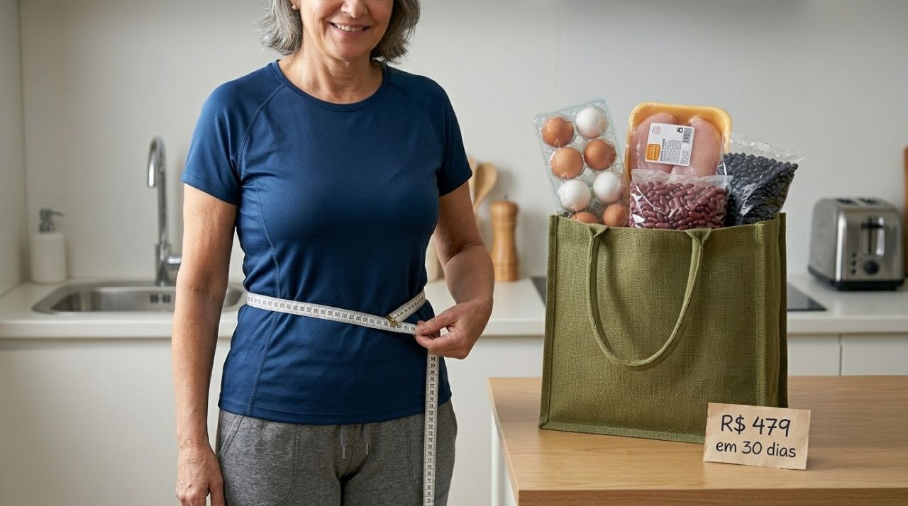 Pessoa com mais de 50 anos medindo a cintura ao lado de alimentos ricos em proteína e indicação de orçamento de R$ 479