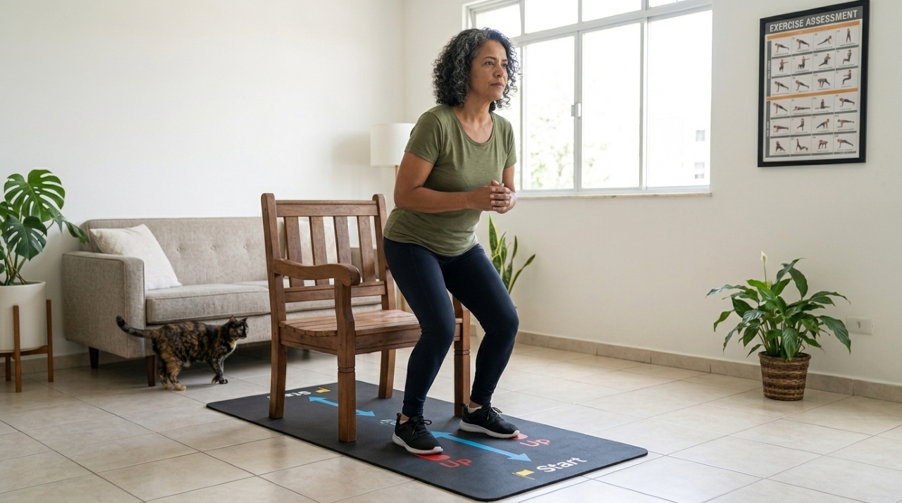 Mulher com mais de 50 anos levantando-se de uma cadeira firme durante treino de força em casa
