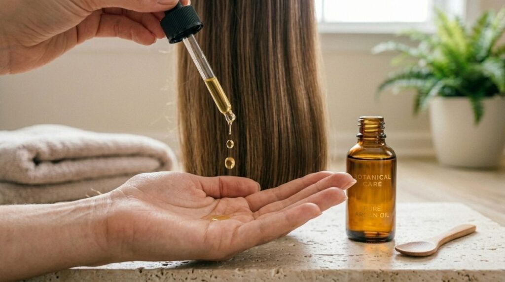 Conta-gotas aplicando três gotas de óleo de argan na palma da mão, com cabelo castanho alinhado ao fundo