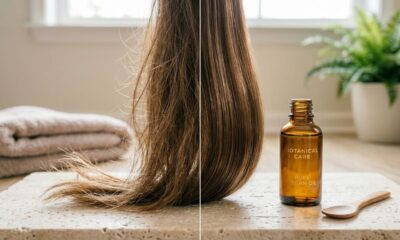 Mecha de cabelo castanho com pontas alinhadas e brilhantes ao lado de um frasco de óleo de argan