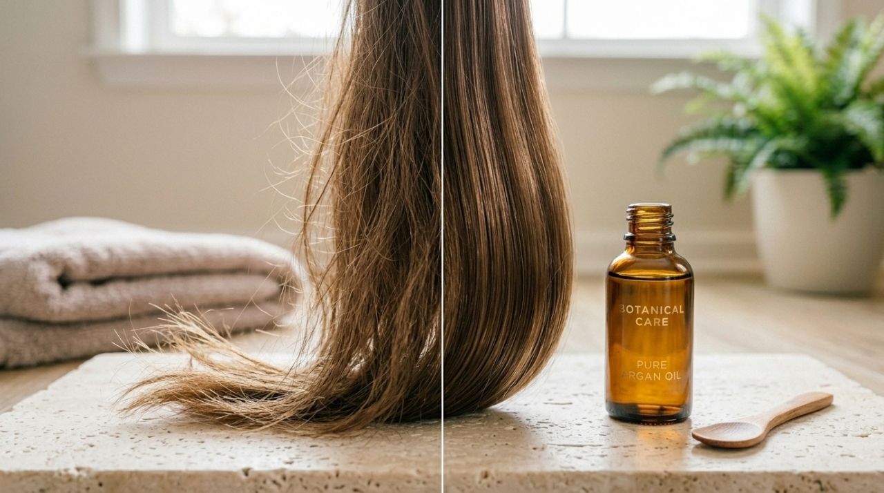 Mecha de cabelo castanho com pontas alinhadas e brilhantes ao lado de um frasco de óleo de argan