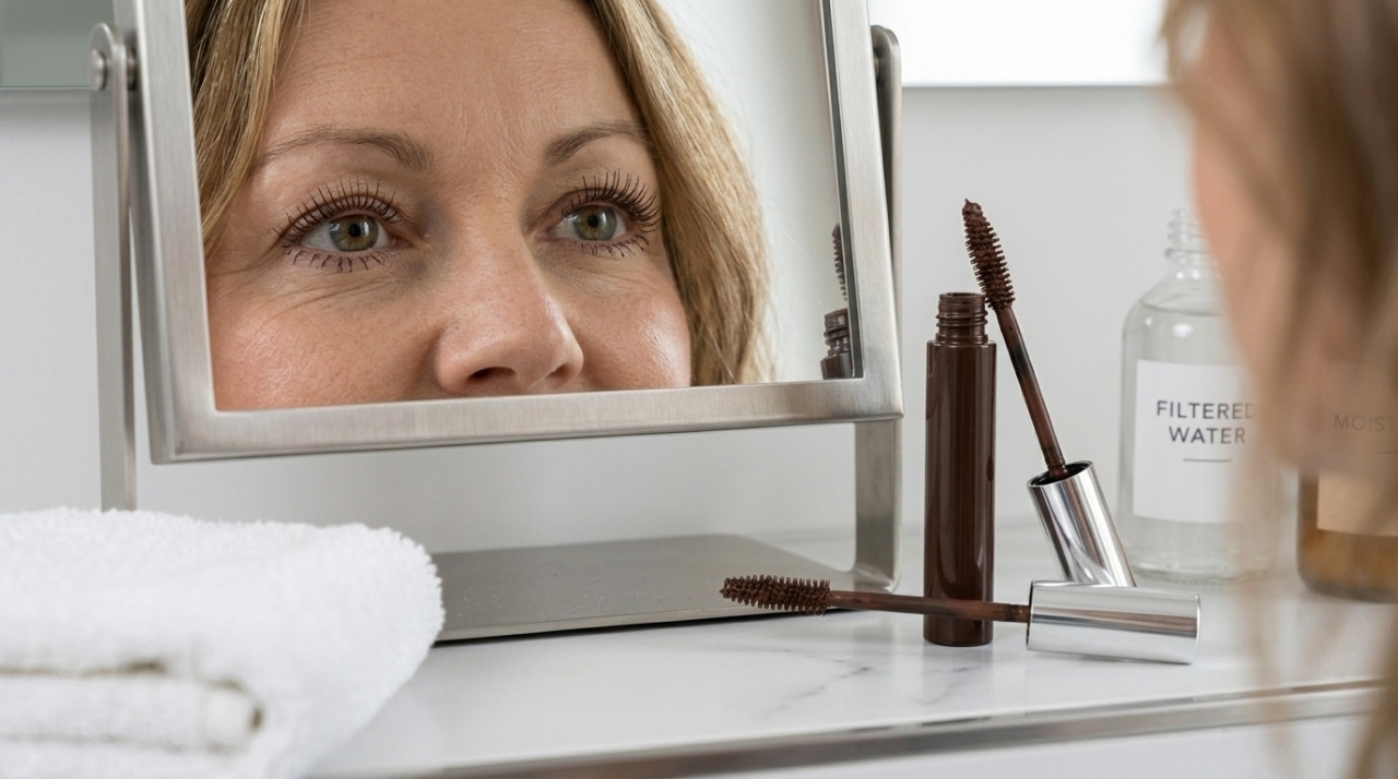 Máscara de cílios marrom aberta ao lado de um espelho que reflete olhos maduros com cílios definidos e maquiagem leve