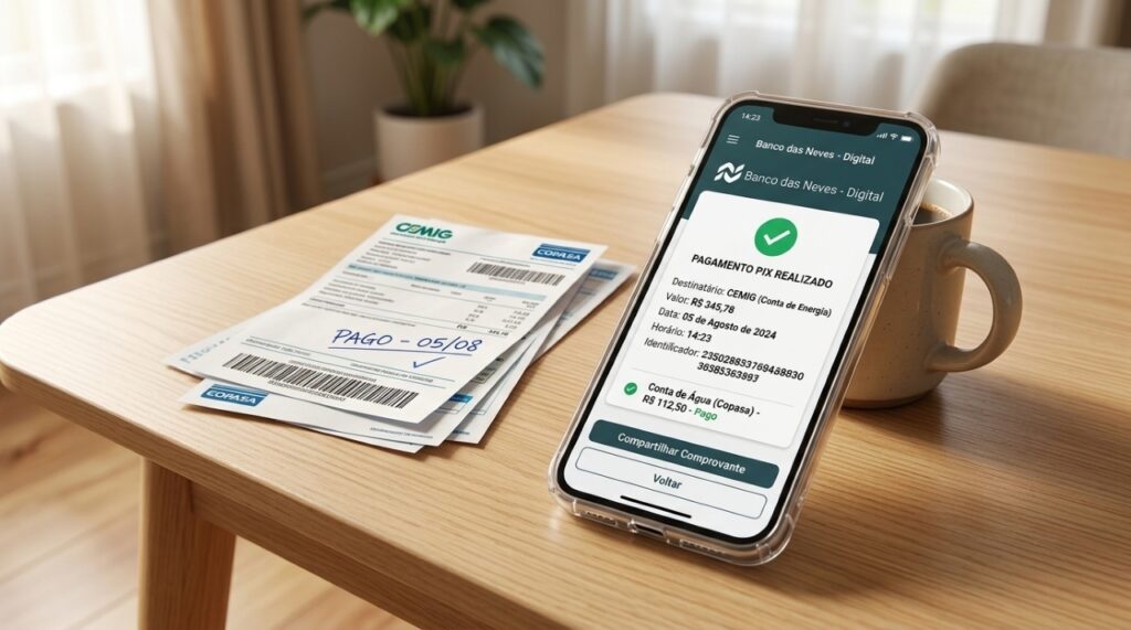 Smartphone exibindo pagamento via Pix concluído ao lado de boletos organizados sobre uma mesa