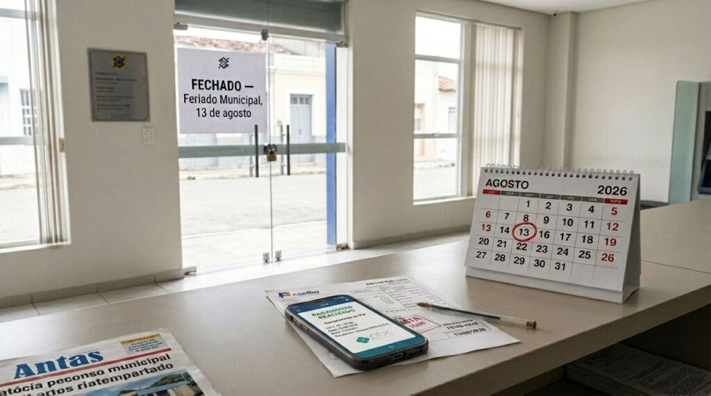 Celular com aplicativo bancário mostrando pagamento de boleto concluído, ao lado de uma conta com vencimento em 13 de agosto