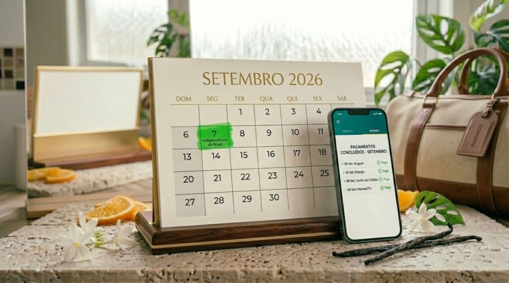 Calendário com 7 de setembro destacado ao lado de celular com pagamentos concluídos e mala de viagem pronta