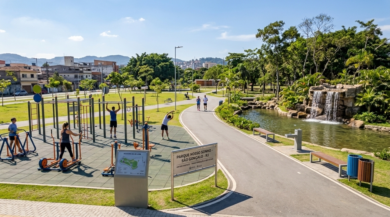 Vista do Parque RJ Nosso Sonho, em São Gonçalo, com academia ao ar livre, pista de caminhada e ampla área de convivência em um dia ensolarado