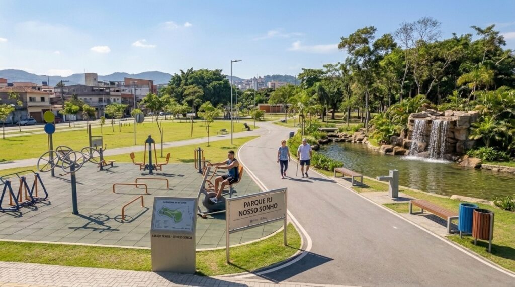 Idoso utilizando um aparelho de academia ao ar livre no Parque RJ Nosso Sonho, em São Gonçalo, com área aberta e bancos ao redor
