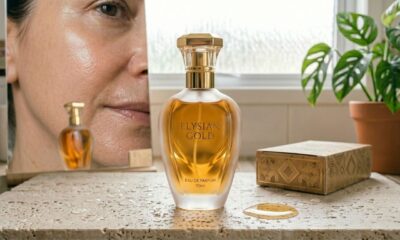 Frasco de perfume clássico dos anos 90 sobre uma penteadeira elegante