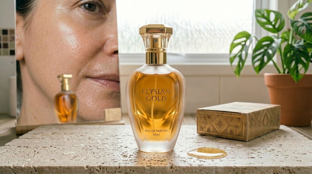 Frasco de perfume clássico dos anos 90 sobre uma penteadeira elegante