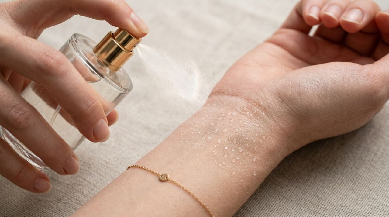 Frasco de perfume borrifando fragrância sobre um pulso feminino sem esfregar a pele.