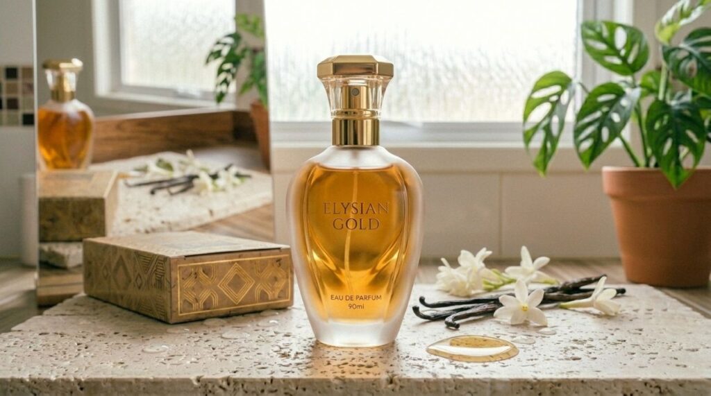 Frasco de perfume acompanhado de baunilha, flores brancas e patchouli sobre penteadeira de madeira