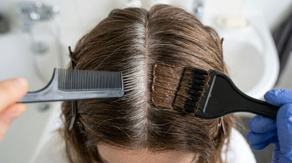 Cabelo castanho separado em uma risca estreita, com tinta sendo aplicada na raiz branca usando um pincel