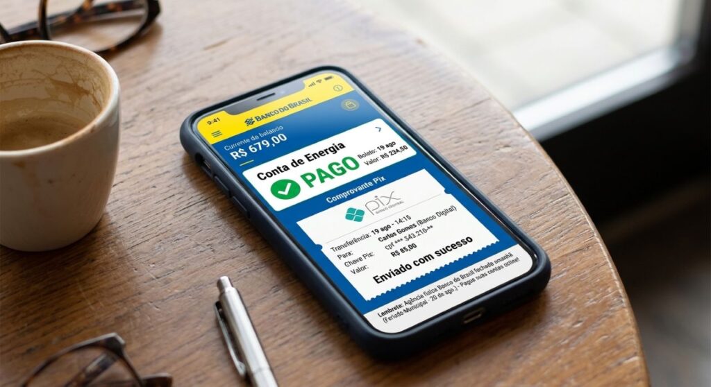 Smartphone exibindo boleto pago e comprovante de Pix antes do feriado municipal de Catalão.