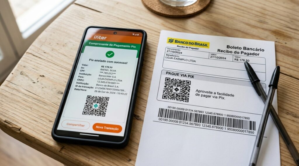 Celular exibindo confirmação de pagamento via Pix sobre uma mesa, com um boleto ao lado