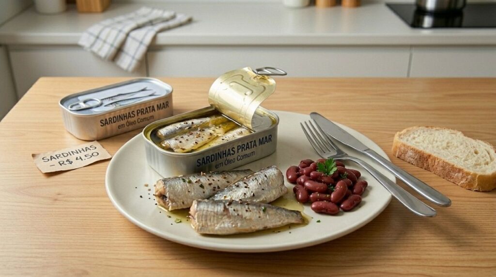 Prato com sardinha e feijão representando uma refeição simples, prática e rica em proteínas