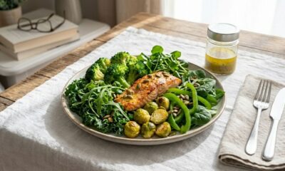 Prato de almoço saudável com couve, espinafre, brócolis, rúcula, agrião, couve-de-bruxelas e pimentão verde frescos, representando uma alimentação variada depois dos 50.