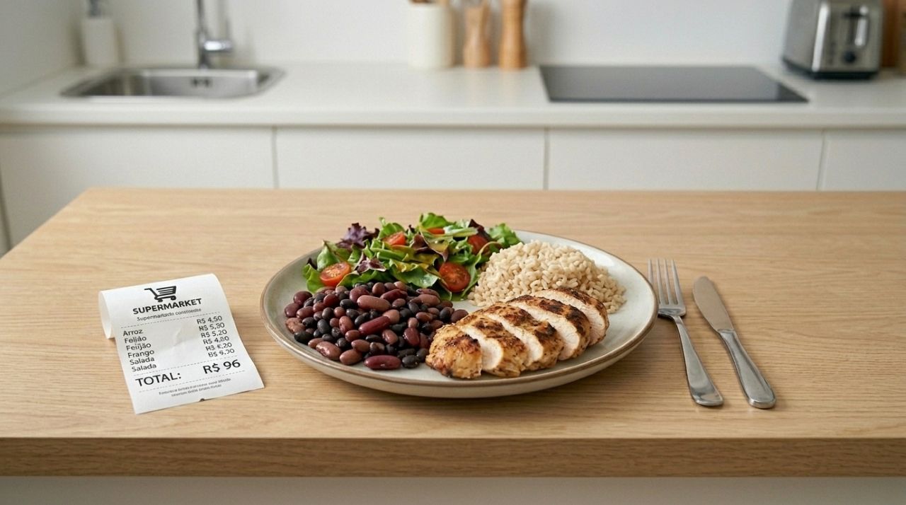 Prato com arroz, feijão, frango grelhado e legumes ao lado de recibo de supermercado de R$ 96