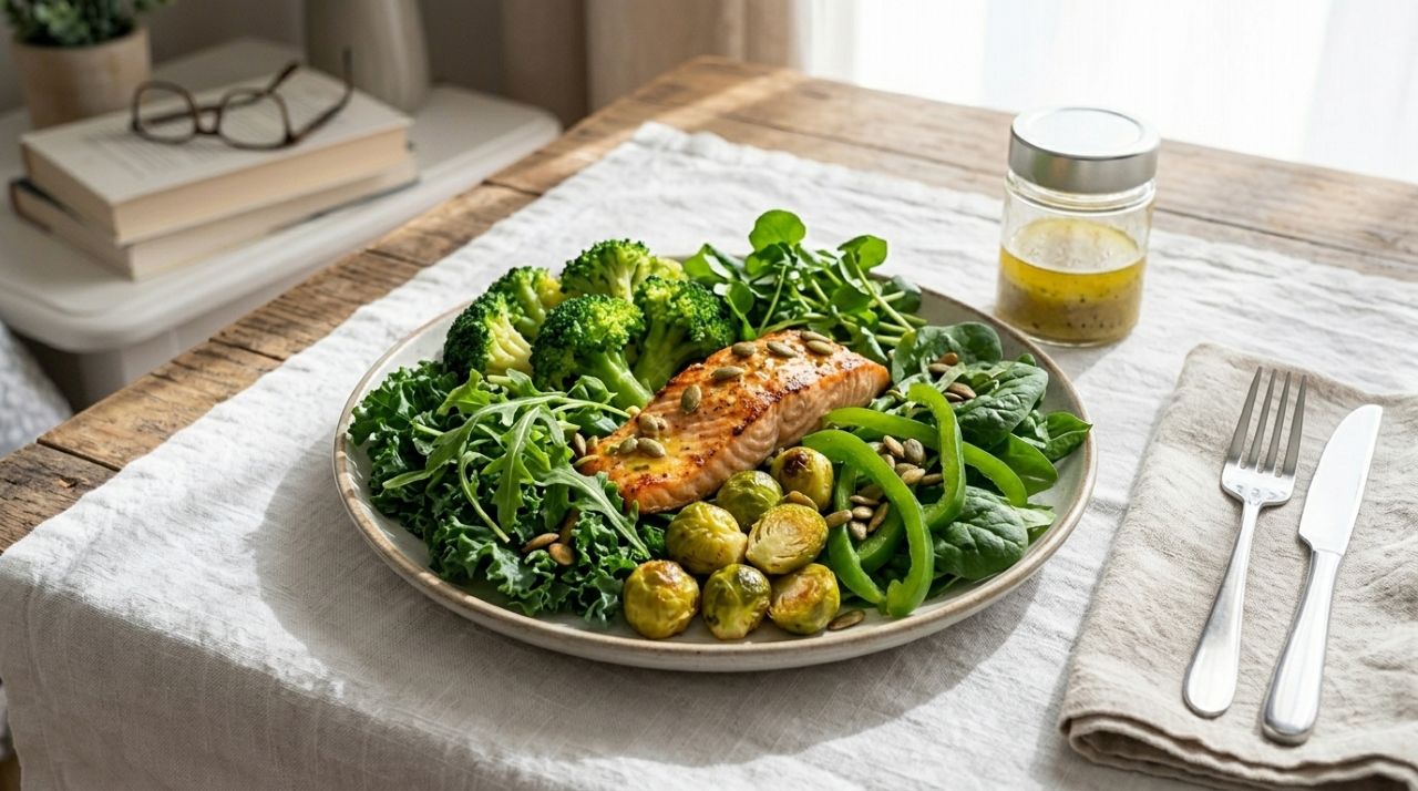 Prato de almoço saudável com couve, espinafre, brócolis, rúcula, agrião, couve-de-bruxelas e pimentão verde frescos, representando uma alimentação variada depois dos 50.