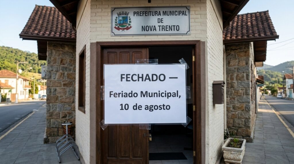 Entrada de uma repartição municipal de Nova Trento fechada, com aviso de feriado municipal no dia 10 de agosto