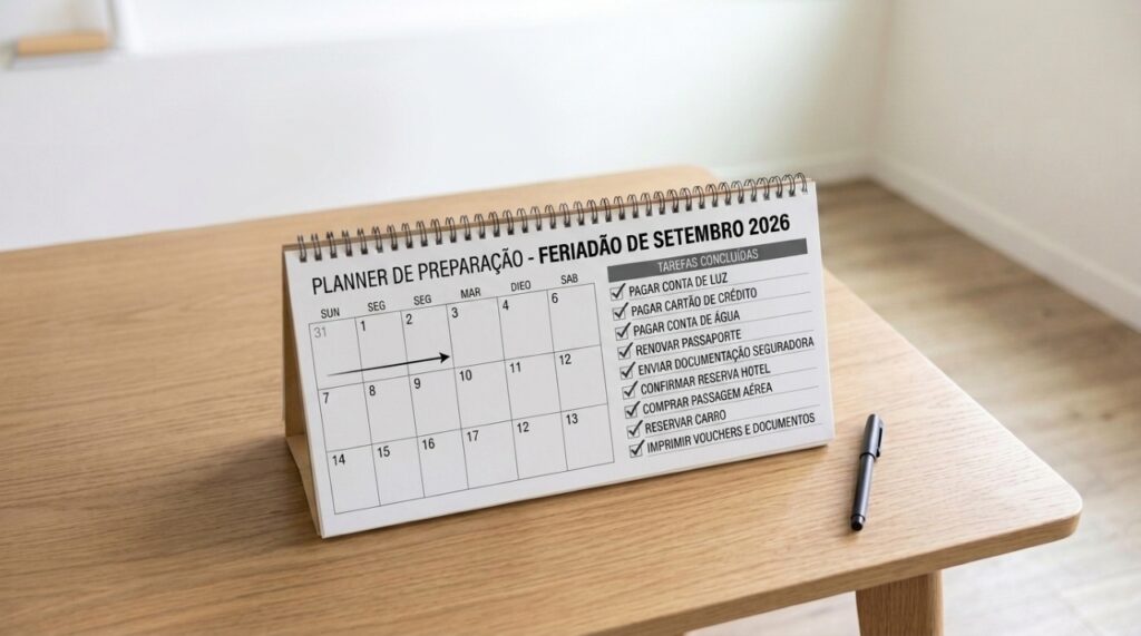 Notebook com calendário e lista de tarefas mostrando pagamentos, documentos e reserva de viagem concluídos antes do feriado de 7 de setembro, em uma mesa de trabalho simples