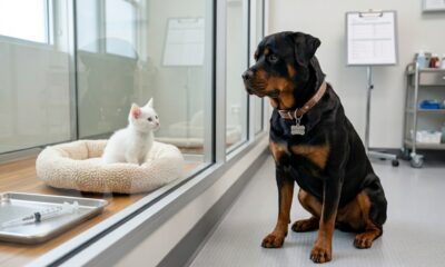Rottweiler sentado em clínica veterinária olhando para um gato atrás de uma janela de vidro enquanto uma aplicação com agulha é preparada