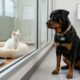 Rottweiler sentado em clínica veterinária olhando para um gato atrás de uma janela de vidro enquanto uma aplicação com agulha é preparada