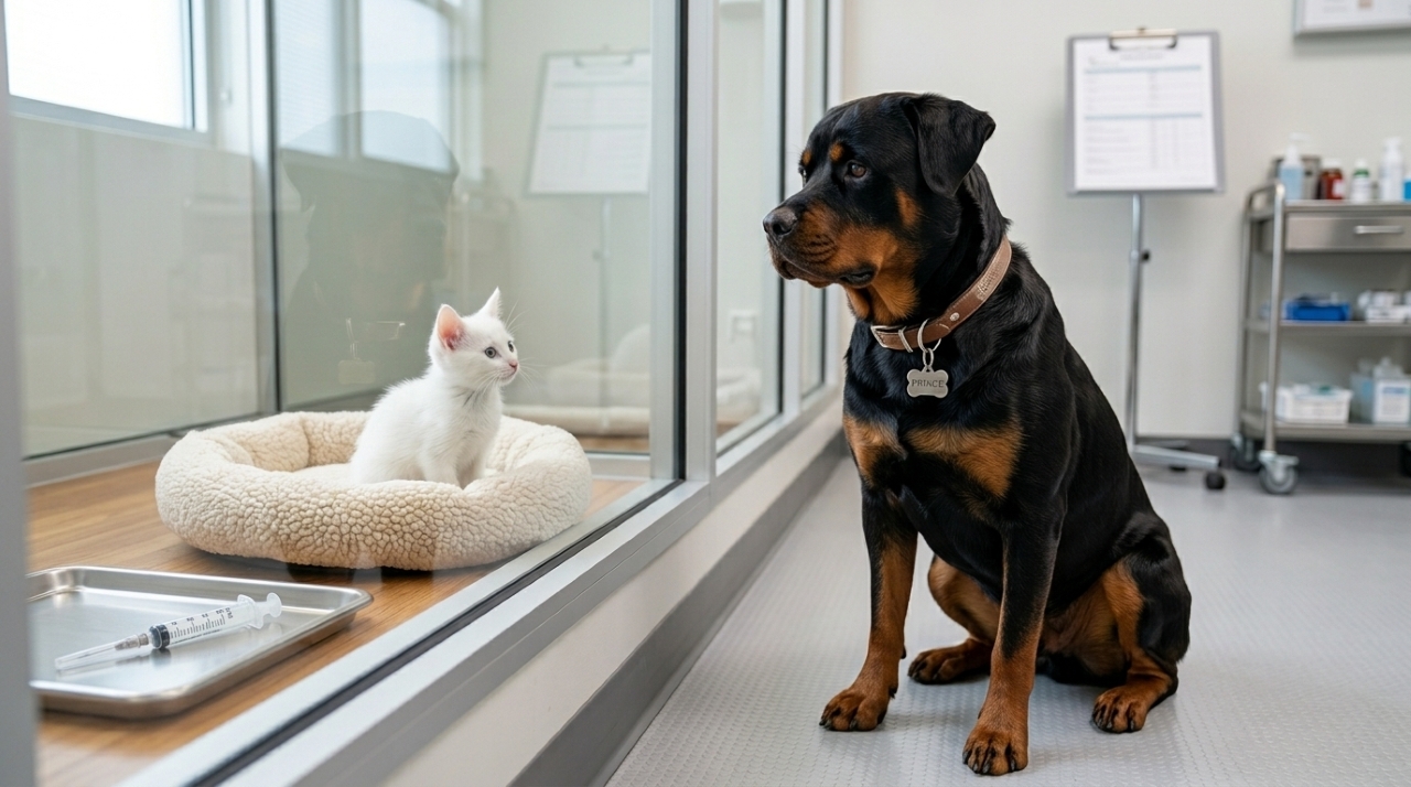 Rottweiler sentado em clínica veterinária olhando para um gato atrás de uma janela de vidro enquanto uma aplicação com agulha é preparada