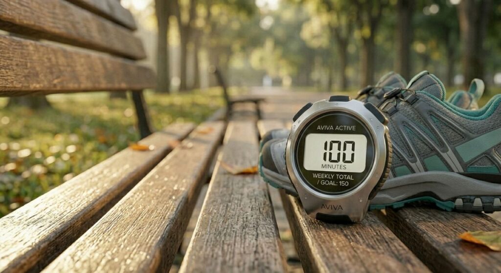 Relógio esportivo exibindo 100 minutos semanais sobre banco de praça, com caminho arborizado ao fundo.